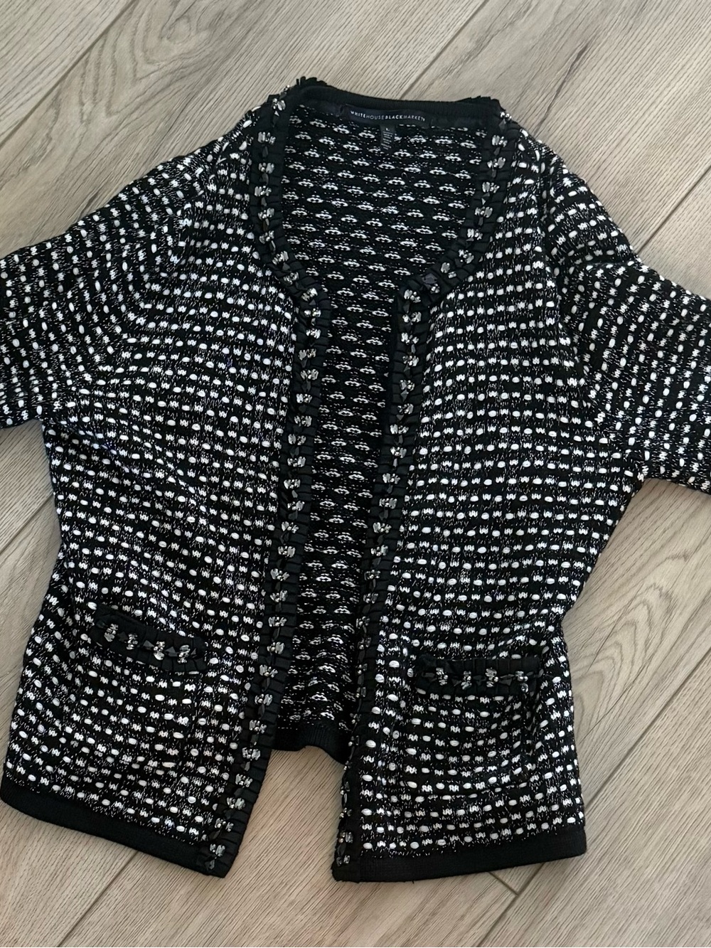 WhBM, Black & White Tweed Open-Front Women’s Sweater Cardigan, embellished sz L